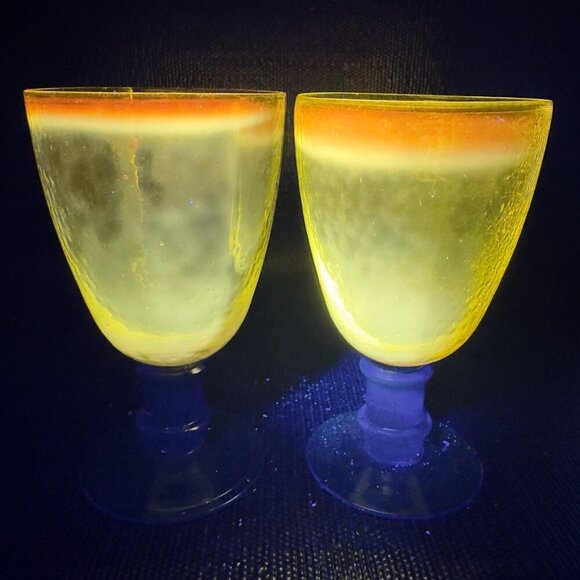 Cadmium UV Glowing Glass Goblets Cups Set 2 Yellow Top Blue Stem Textured Cups - Picture 2 of 16